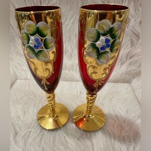 2 Red Murano Glass Champagne Flutes 24K Gold Leaf Transparent